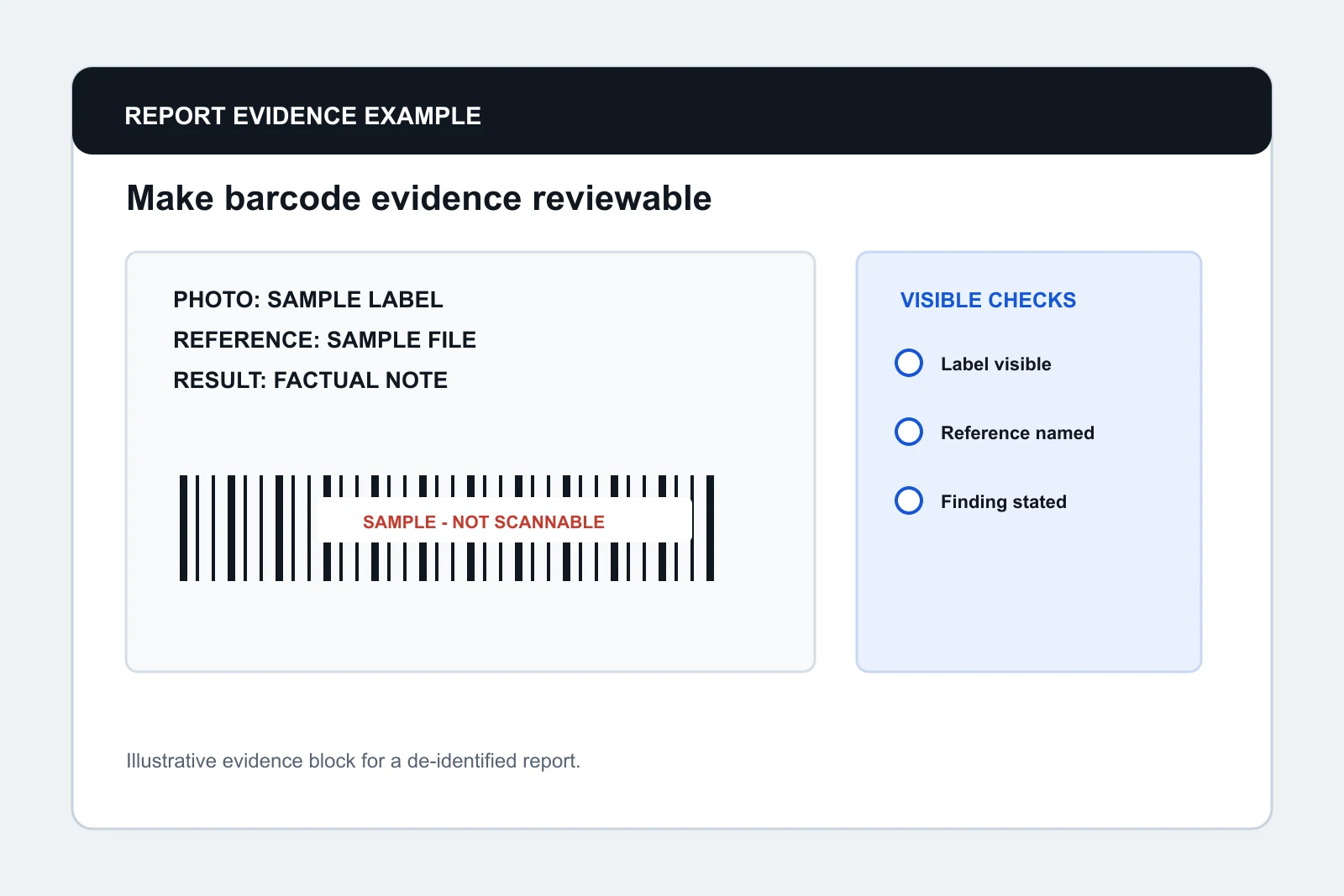 Illustrative barcode evidence block for a de-identified inspection report