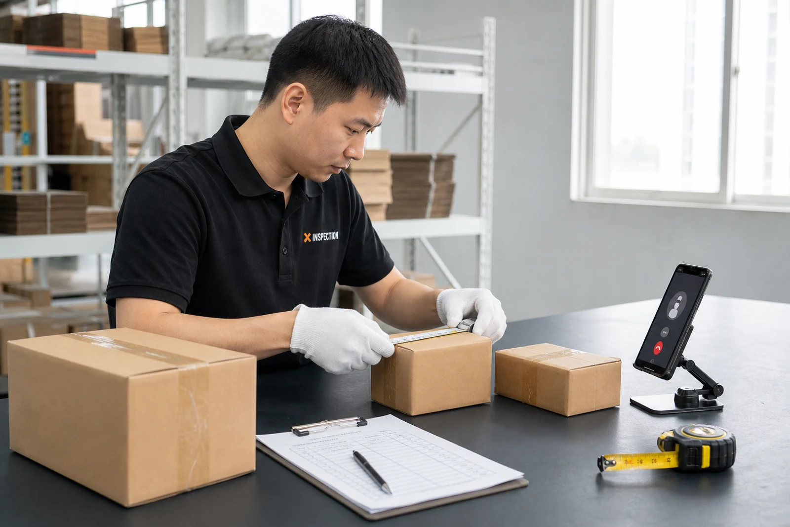 Illustrative scene of an X Inspection inspector measuring a carton while a buyer joins by live video