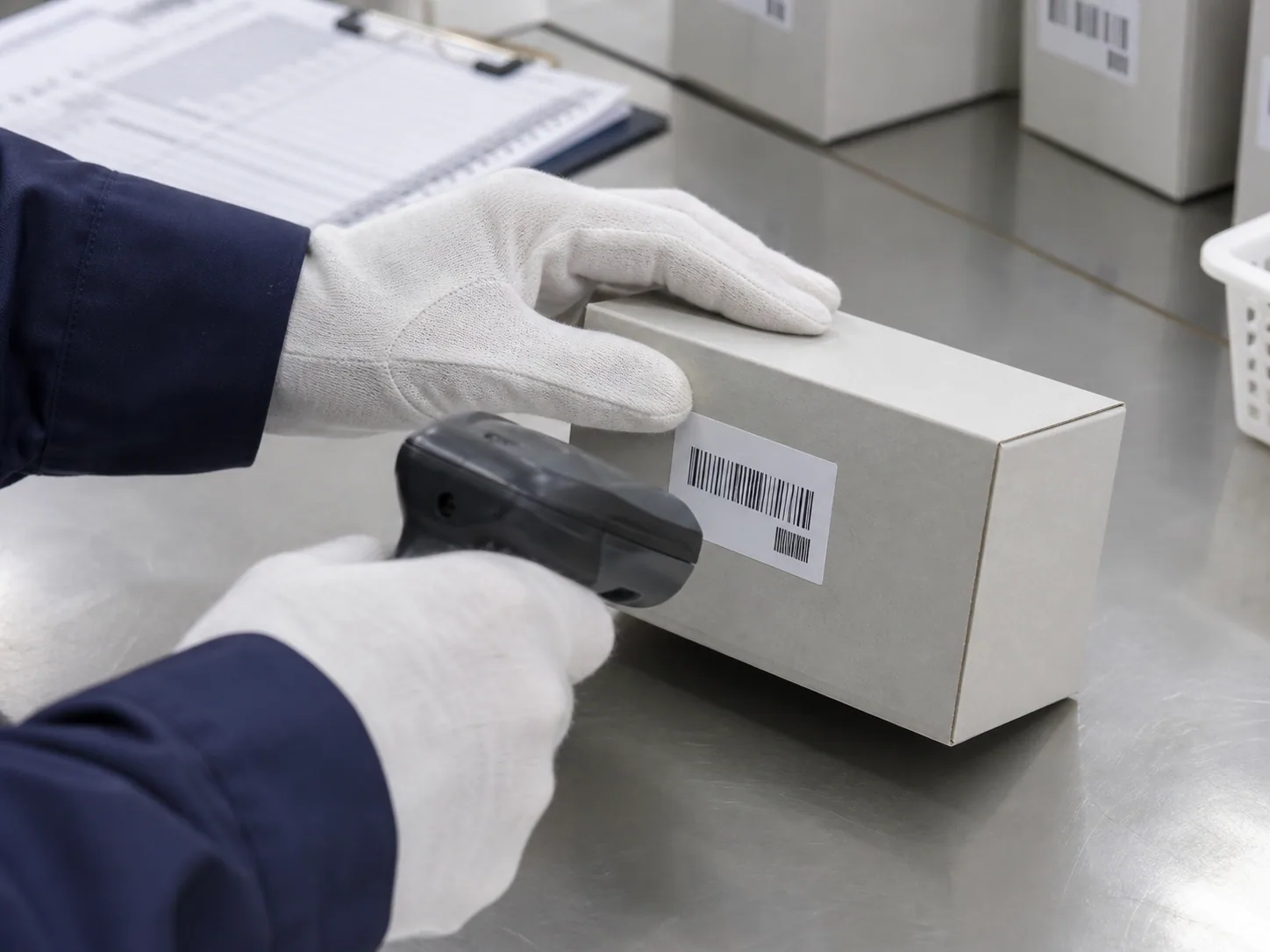 Illustrative close-up of a barcode and label placement check on retail packaging