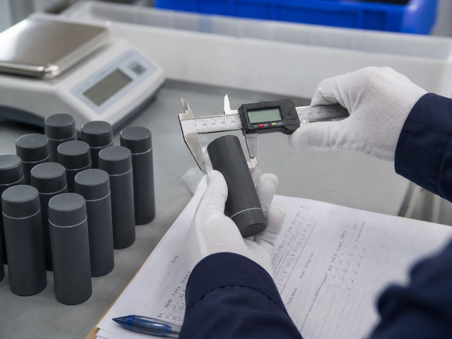 Illustrative close-up of product measurement and sample-count recording