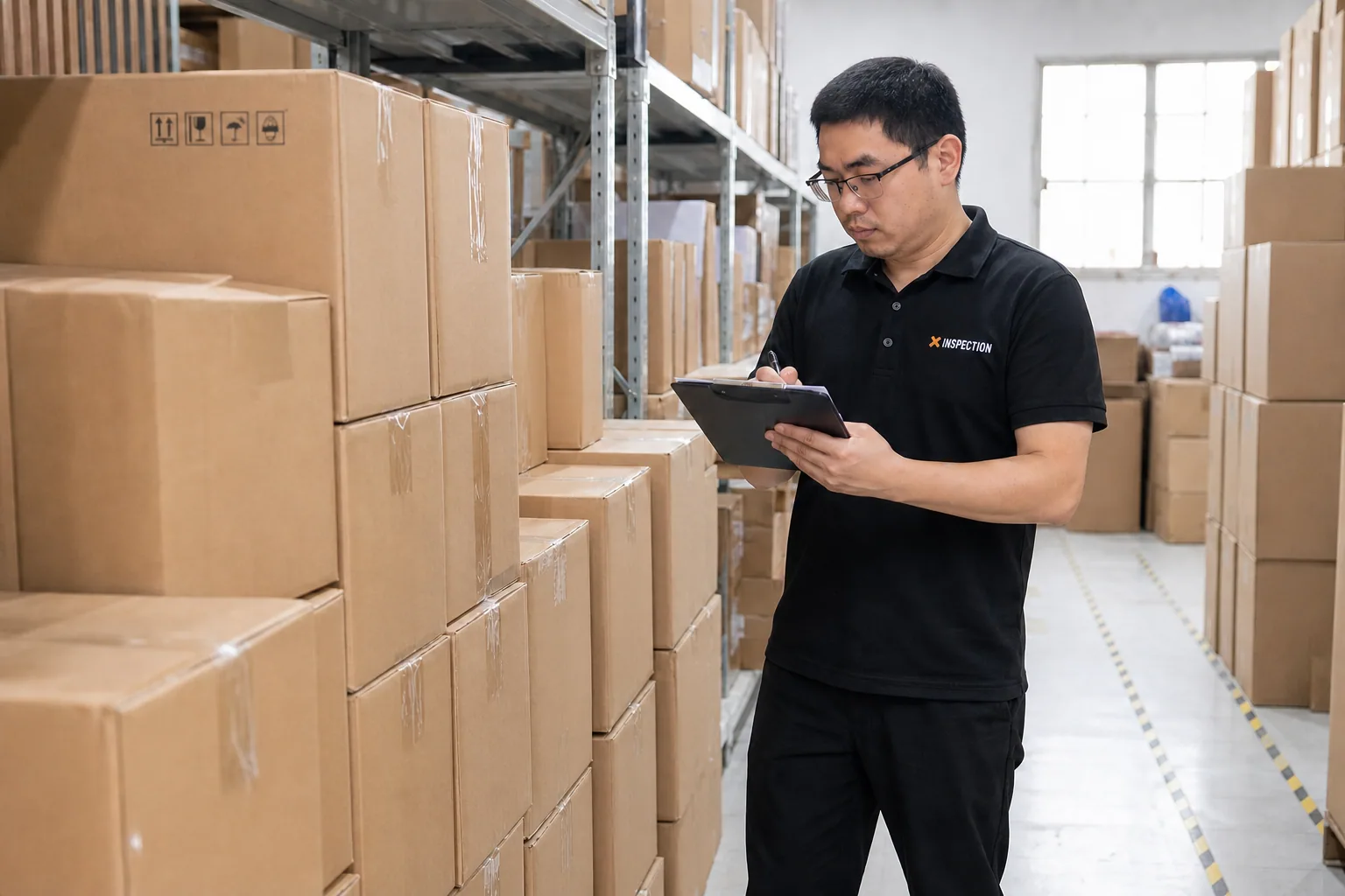 Illustrative warehouse inspection scene showing an inspector reviewing cartons