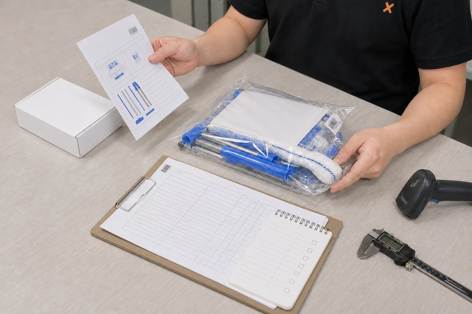 Illustrative order brief scene with an X Inspection inspector reviewing packed goods