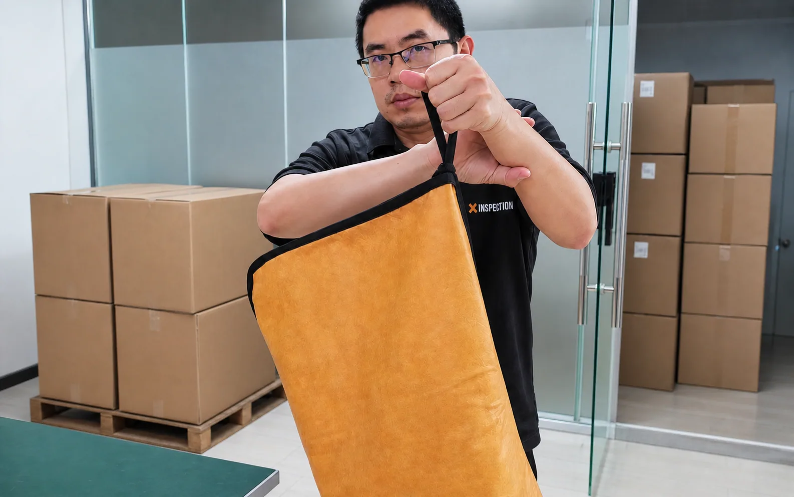 Illustrative promotional scene of an X Inspection inspector reviewing packed goods