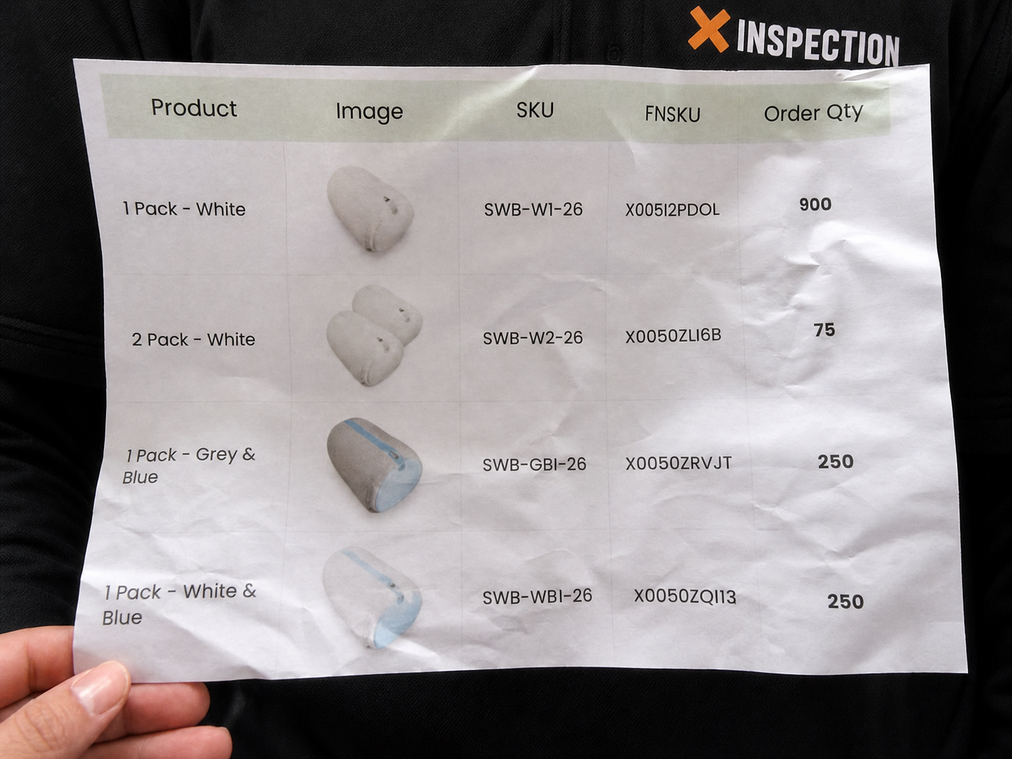 X Inspection order sheet showing buyer supplied SKU, FNSKU, and order quantity references